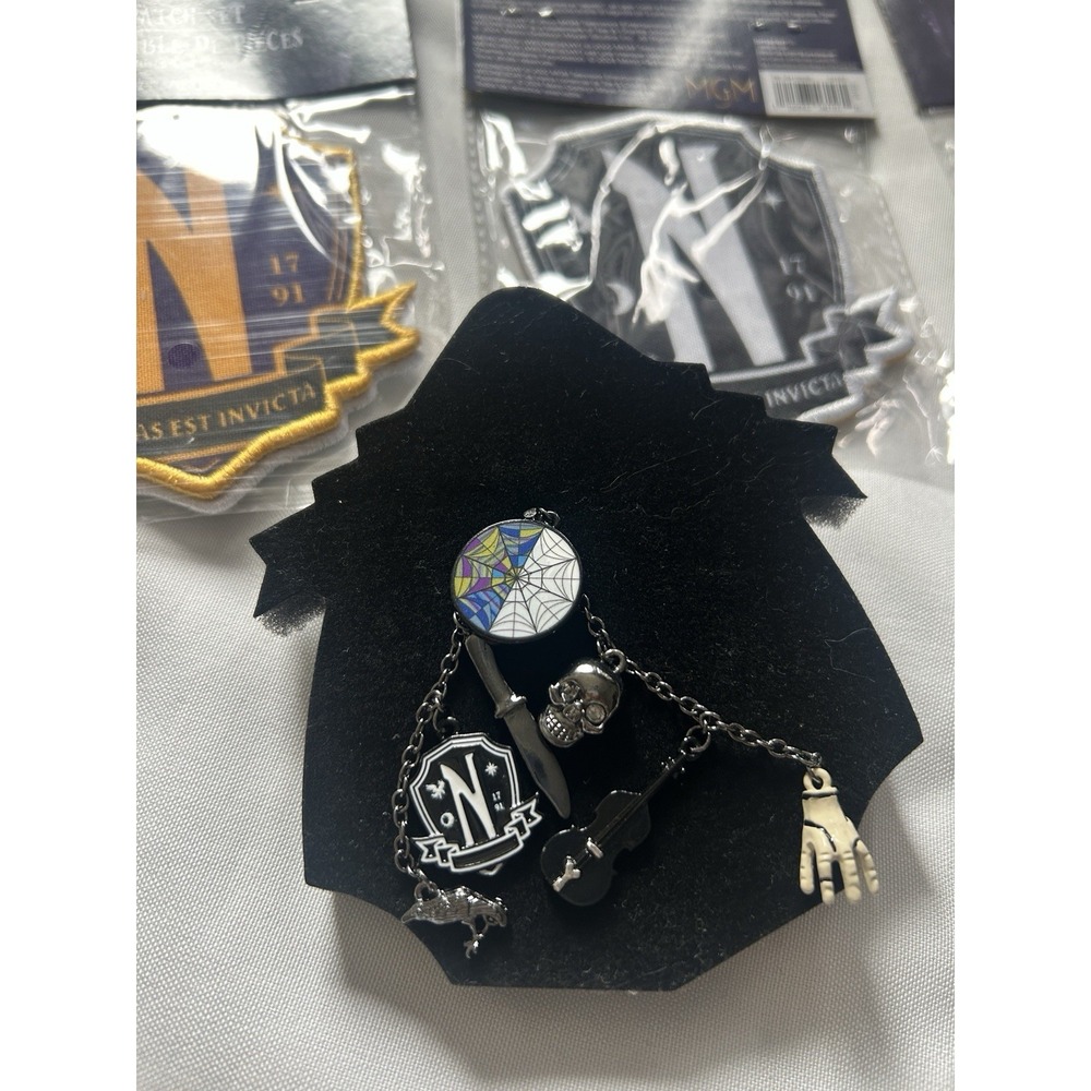 Lot Of Wednesday Items: Total Of Six Patches + Necklace With Seven Wed. Charms